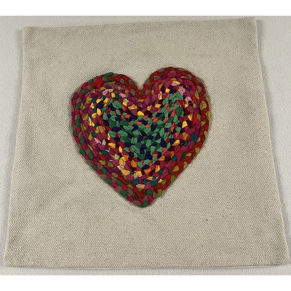 Creative Co-Op‎ Pillow Heart 3D Colorful Sham Ecru Artsy Appliquéd Chindi India